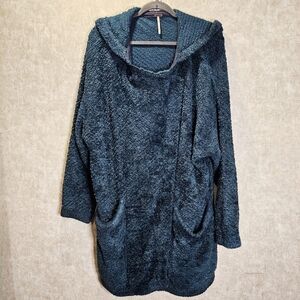 Free People Blanket Hoodie Teal Fuzzy Cozy